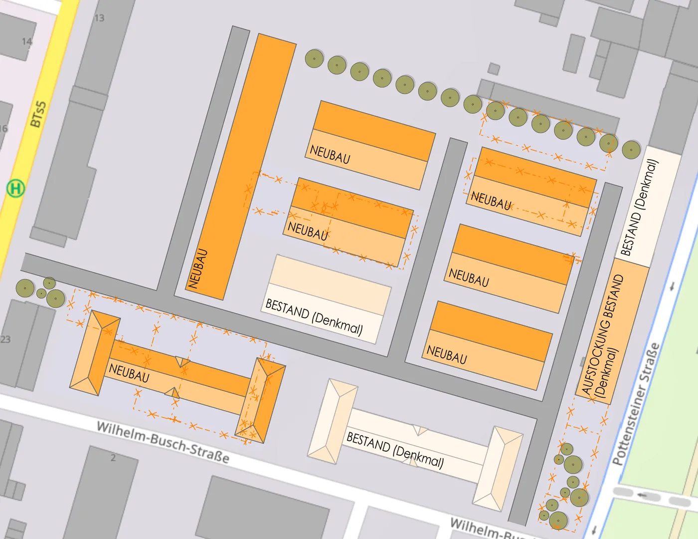 Ausschnitt Lageplan: Neubau an der Wilhelm-Busch-Straße mit Kopfbauten, die die Form des denkmalgeschützten Bestands aufgreifen