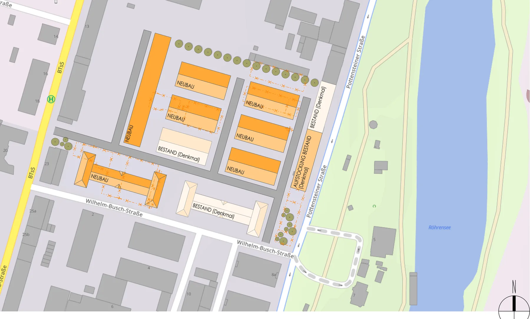 Lageplanentwurf mit Lageplan aus BayernAtlas: Baublock zwischen Pottensteiner Straße, Wilhelm-Busch-Straße, Ludwig-Thoma-Straße und Leibnizstraße mit Neubauten und denkmalgeschütztem Bestand, östlich der Röhrensee