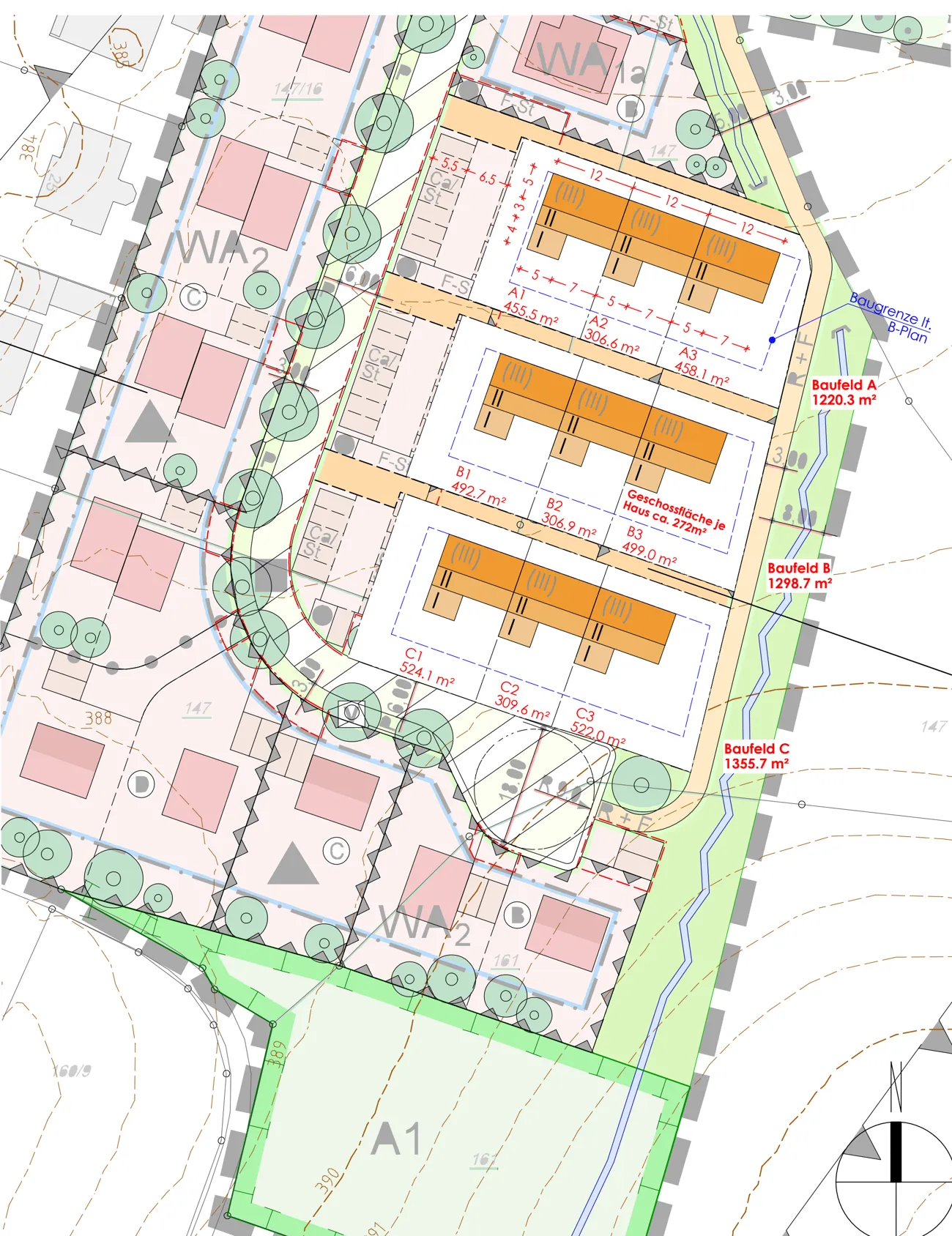 Gesamtlageplan des Wohngebiets Am Eichelberg mit dem Baufeld WA1b und den drei Reihenhauszeilen