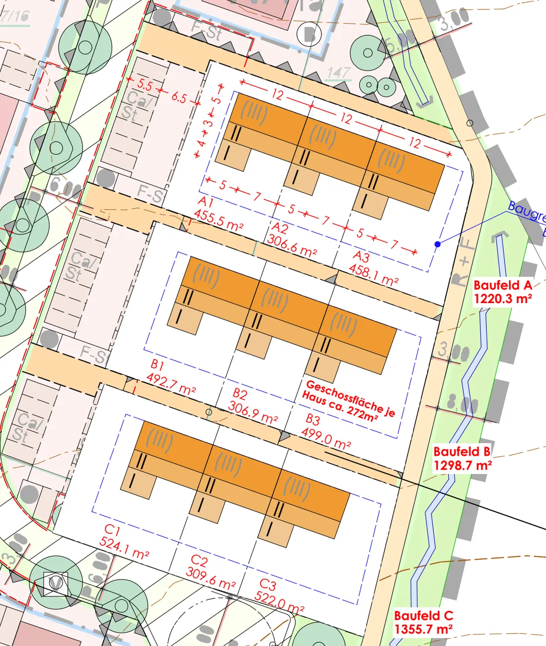 Lageplan Stadtdorf am Eichelberg mit drei Hauszeilen