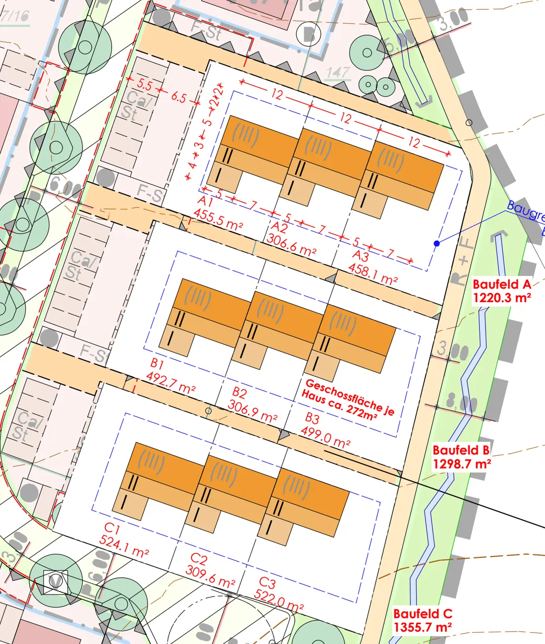 Lageplan Variante 2a: drei Zeilen mit je drei Reihenhäusern auf den Baufeldern A, B und C