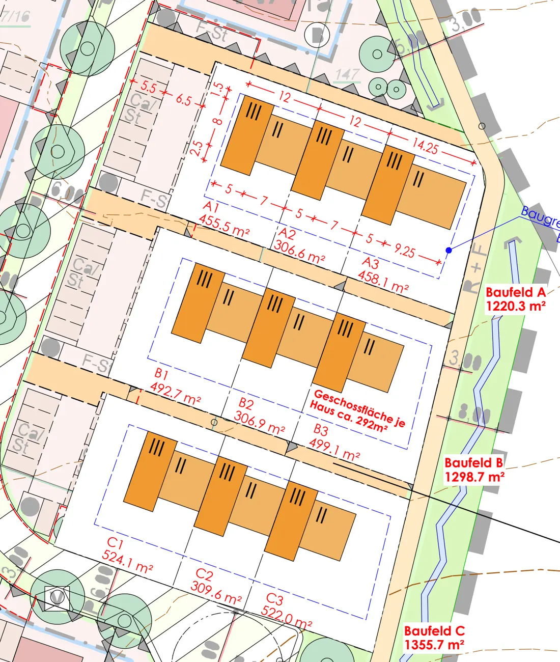 Lageplan Variante 3a: drei Zeilen mit je drei Reihenhäusern auf den Baufeldern A, B und C