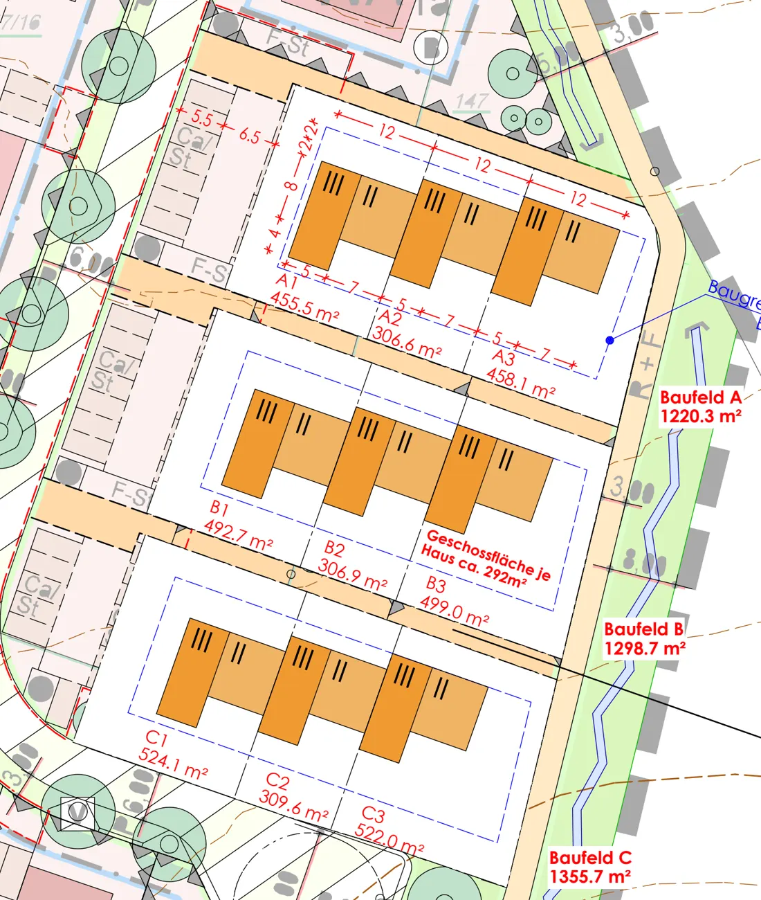 Lageplan Variante 4a: drei Zeilen mit je drei Reihenhäusern auf den Baufeldern A, B und C